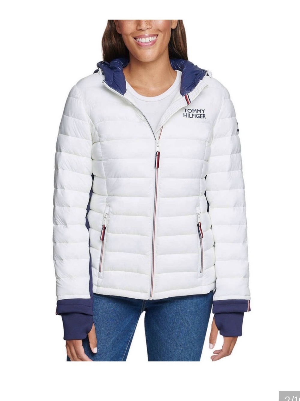 Tommy Hilfiger White Quilted Puffer Jacket with Navy Accents